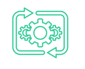 A green graphic with cogs and wheels within a circular arrow frame depicting the automated workflows of GradLeaders Career Center