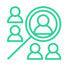 Green graphic image of several non descript people with one person enlarged in a magnifying glass to depict GradLeaders customizable capabilities 