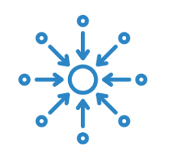light blue graphic image of several sources directing information to a central circular hub to represent the collaboration and centralizing tools of GradLeaders Recruiting
