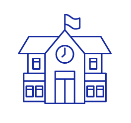 A blue graphic image of a schoolhouse depicting that GradLeaders serves schools at the K-12 level 
