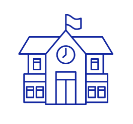 A blue graphic image of a schoolhouse depicting that GradLeaders serves schools at the K-12 level