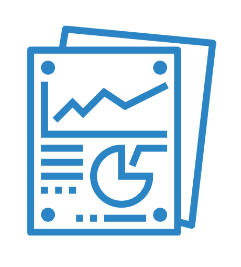 A light blue graphic image of a metrics report with piece chart and line graphic to depict GradLeaders Career Center survey and reporting capabilities