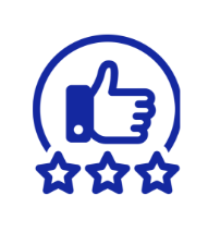 A dark blue thumbs up and three stars image depicting client satisfaction