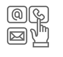 grey graphic image of phone, envelope and at symbol with a hand hovering to represent the multiple communications capabilities of GradLeaders Career Center