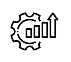 black graphic image of a wheel and bar graph with an upward arrow representing productivity increase capabilities of IMS