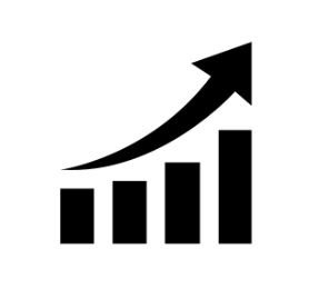 black graphic image of bar graph with arrow pointing up showing growth