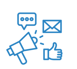 light blue graphic image with email, chat, thumbs up and megaphone representing TOS marketing benefits 